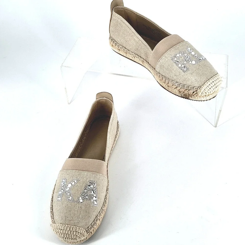 Karl Lagerfeld Paris Size 6 Manika Espadrille Flats Beige Rhinestone Logo